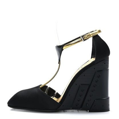 Prada Satin T-Strap Wedge Sandals 37.5 Black 1 of 7