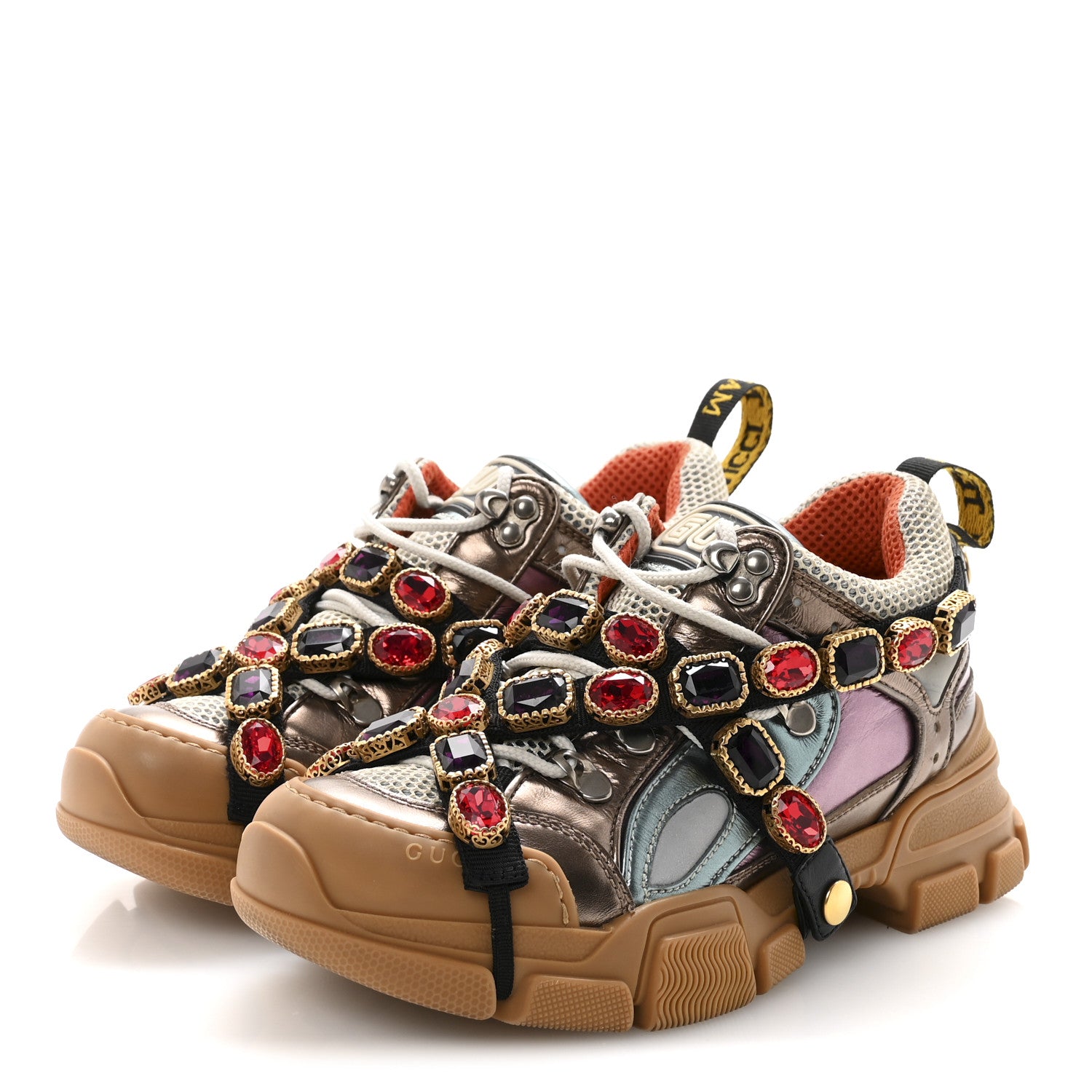 Gucci X SEGA Metallic Calfskin Mesh Removable Crystals Womens Flashtrek Sneakers 36 Rame Mystic White Lago 4 of 8