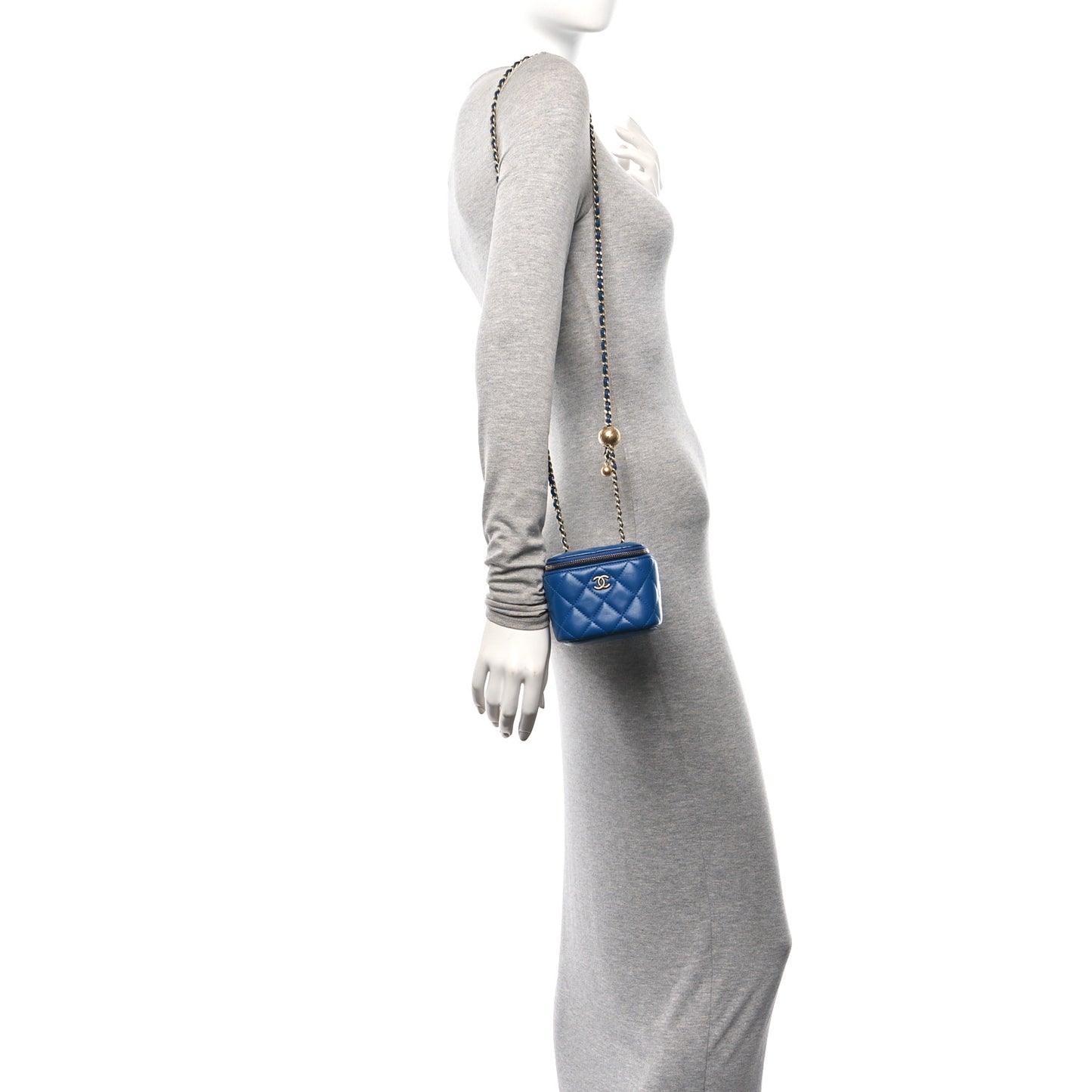 Lambskin Quilted Pearl Crush Mini Vanity Case With Chain Blue