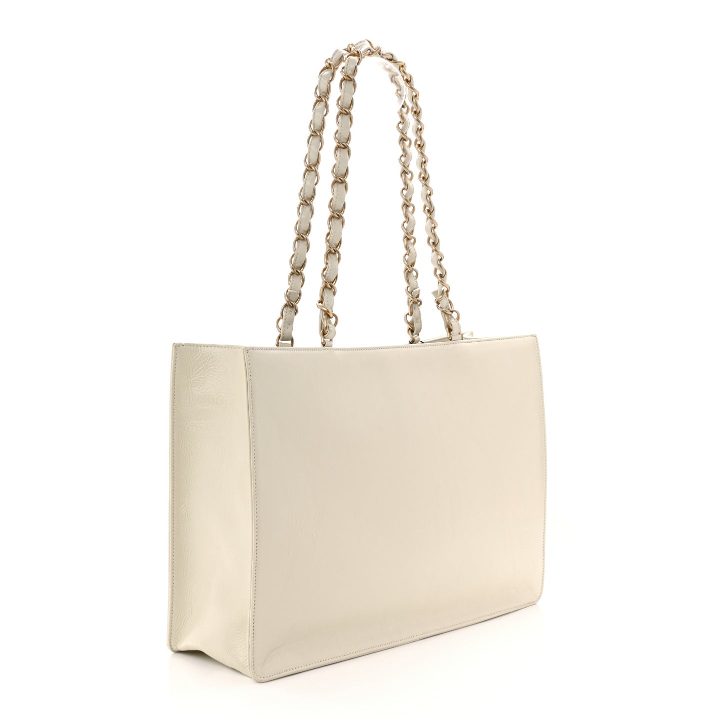 Shiny Aged Calfskin Shopping Bag White