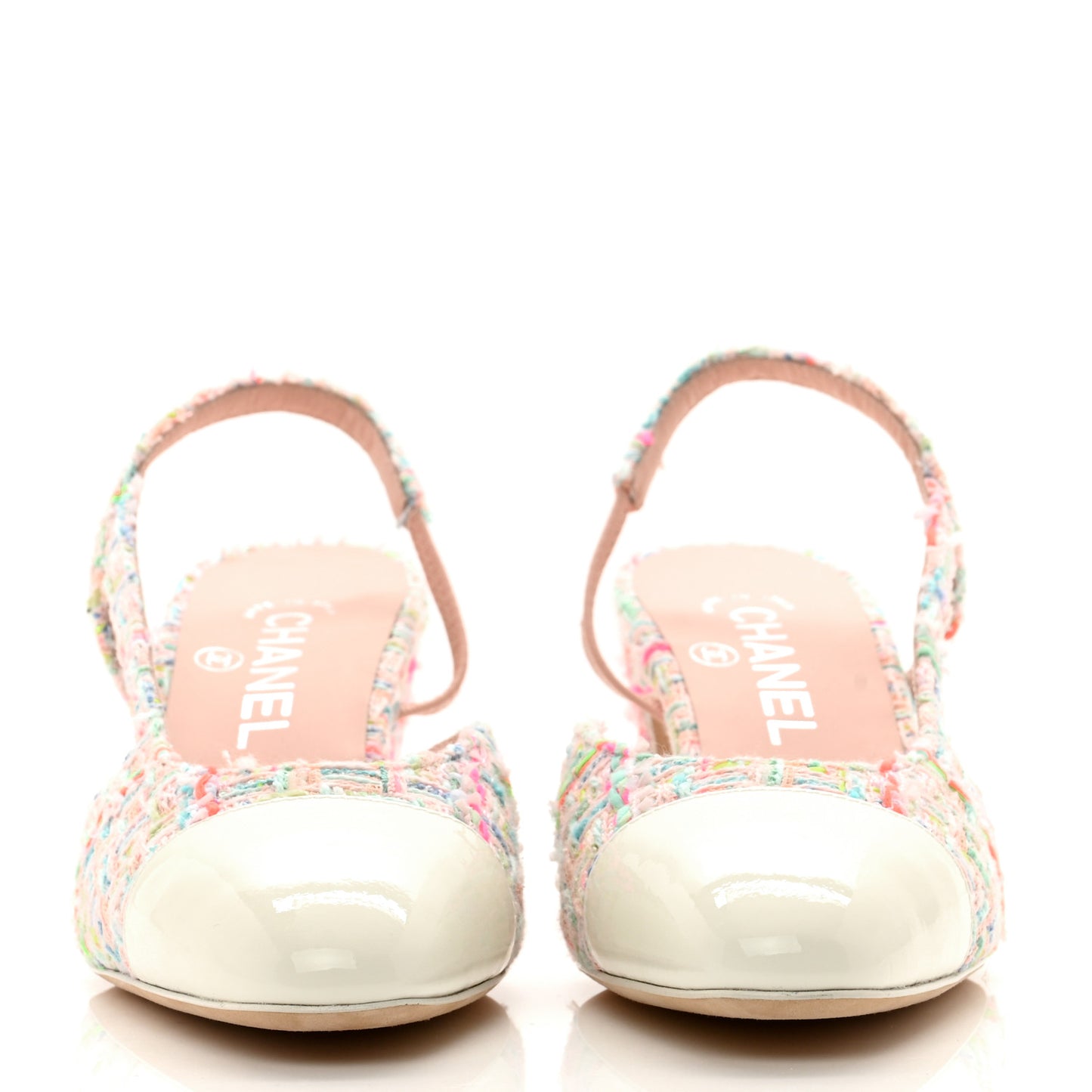 Tweed Lambskin Cap Toe CC Slingback Pumps 36.5 Pink White