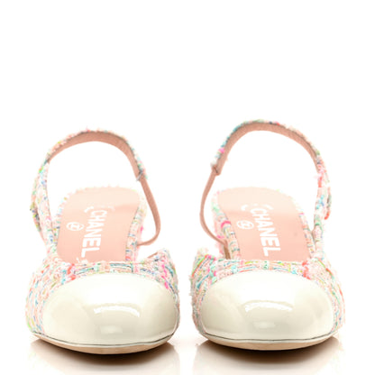 Chanel Tweed Lambskin Cap Toe CC Slingback Pumps 36.5 Pink White 2 of 8