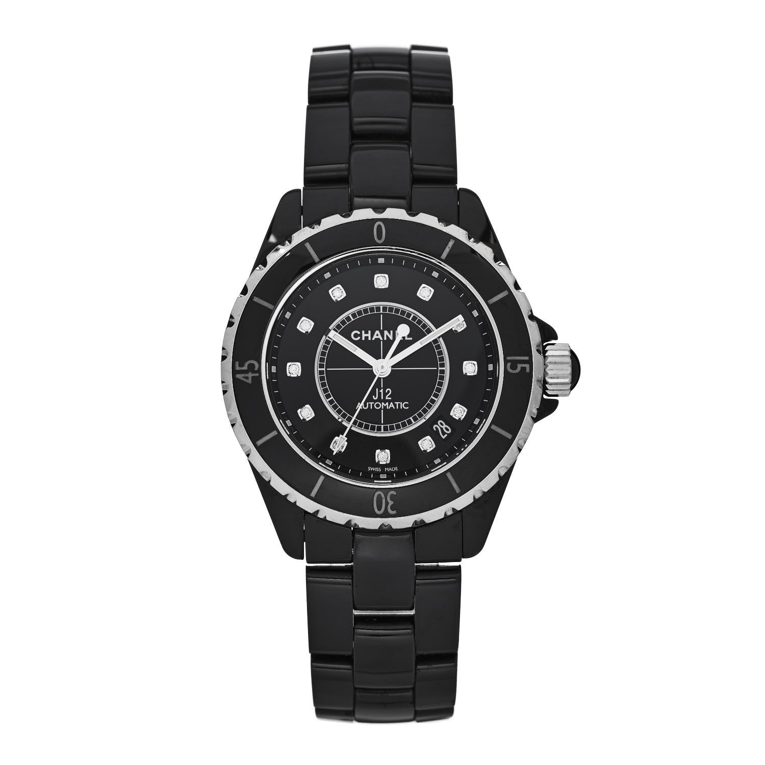 Chanel Stainless Steel Ceramic Diamond 38mm J12 Automatic Watch Black 1 of 5