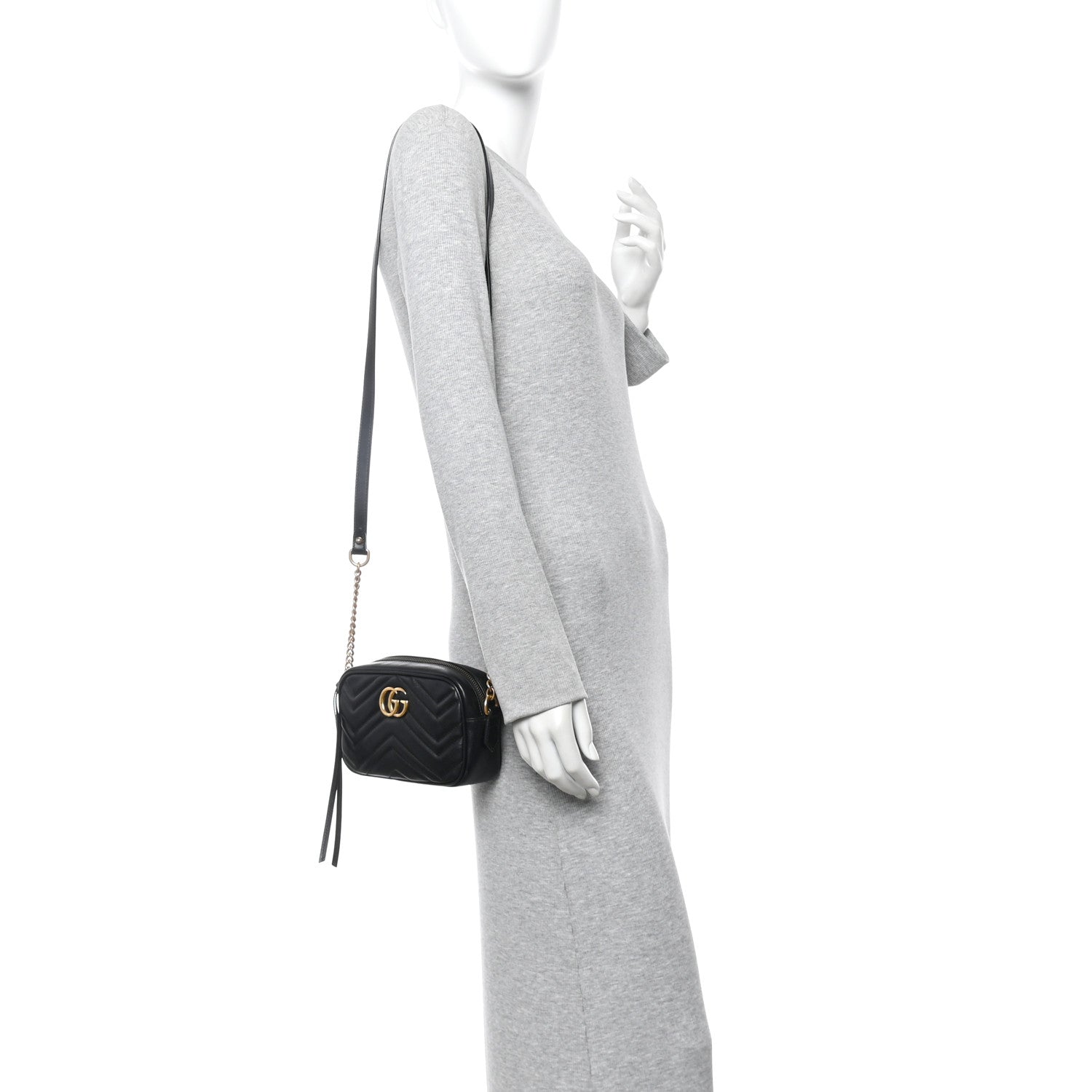 Gucci Calfskin Matelasse Mini GG Marmont Chain Shoulder Bag Black 2 of 11