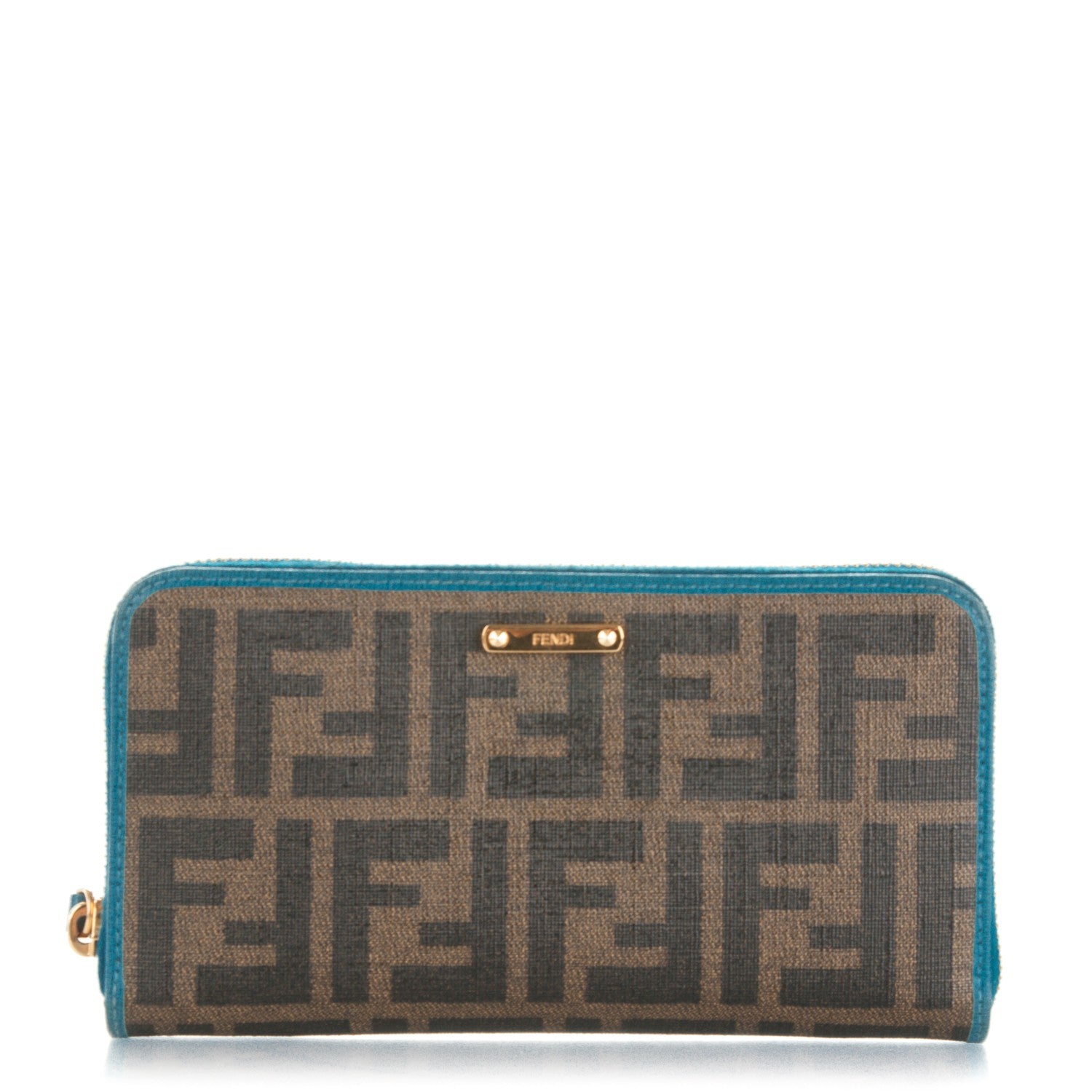 Fendi Zucca Spalmati Vitello Elite Zip Around Wallet Tobacco Turchese 1 of 7