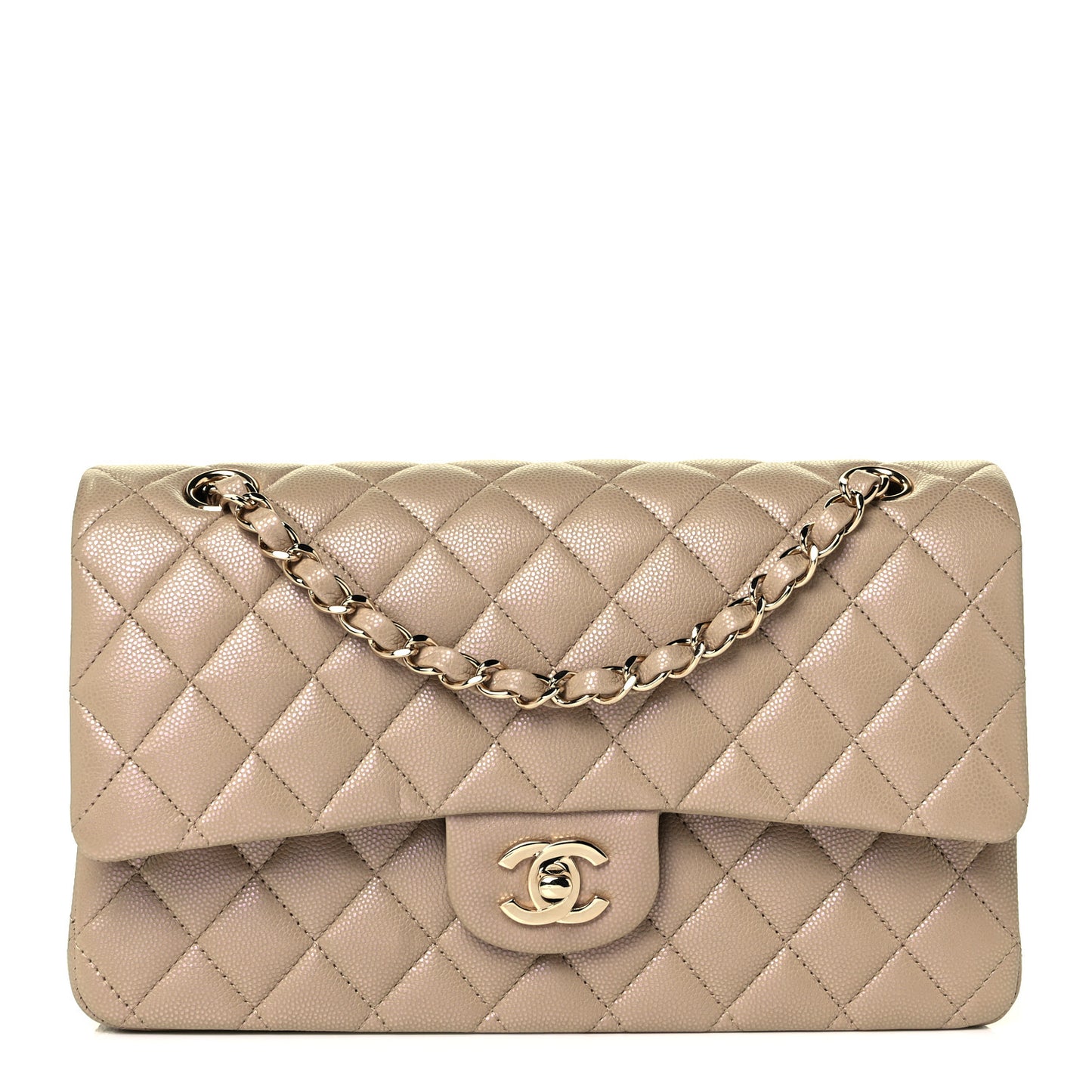 Iridescent Caviar Quilted Medium Double Flap Dark Beige