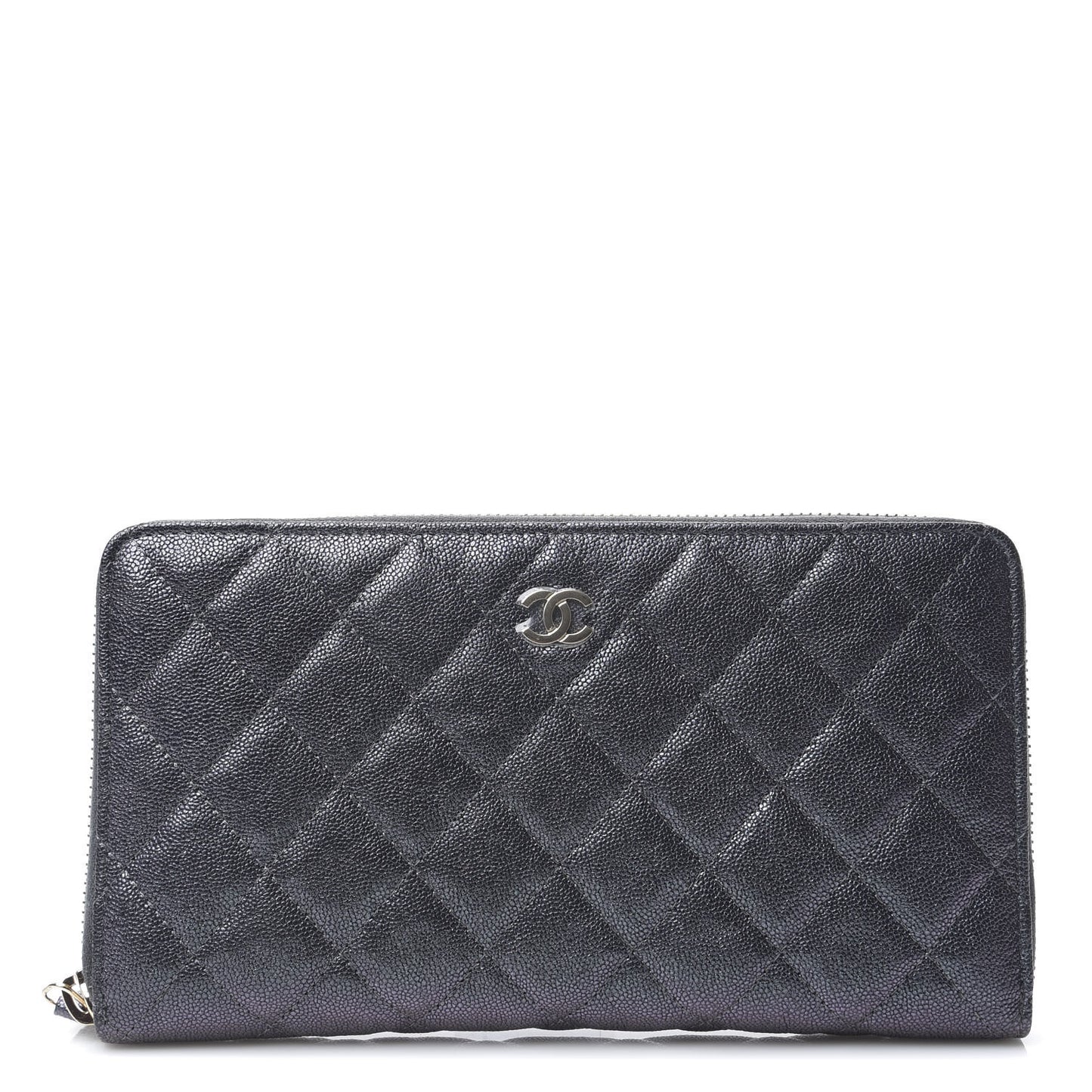 Iridescent Caviar Quilted Long Zip Around Wallet Black