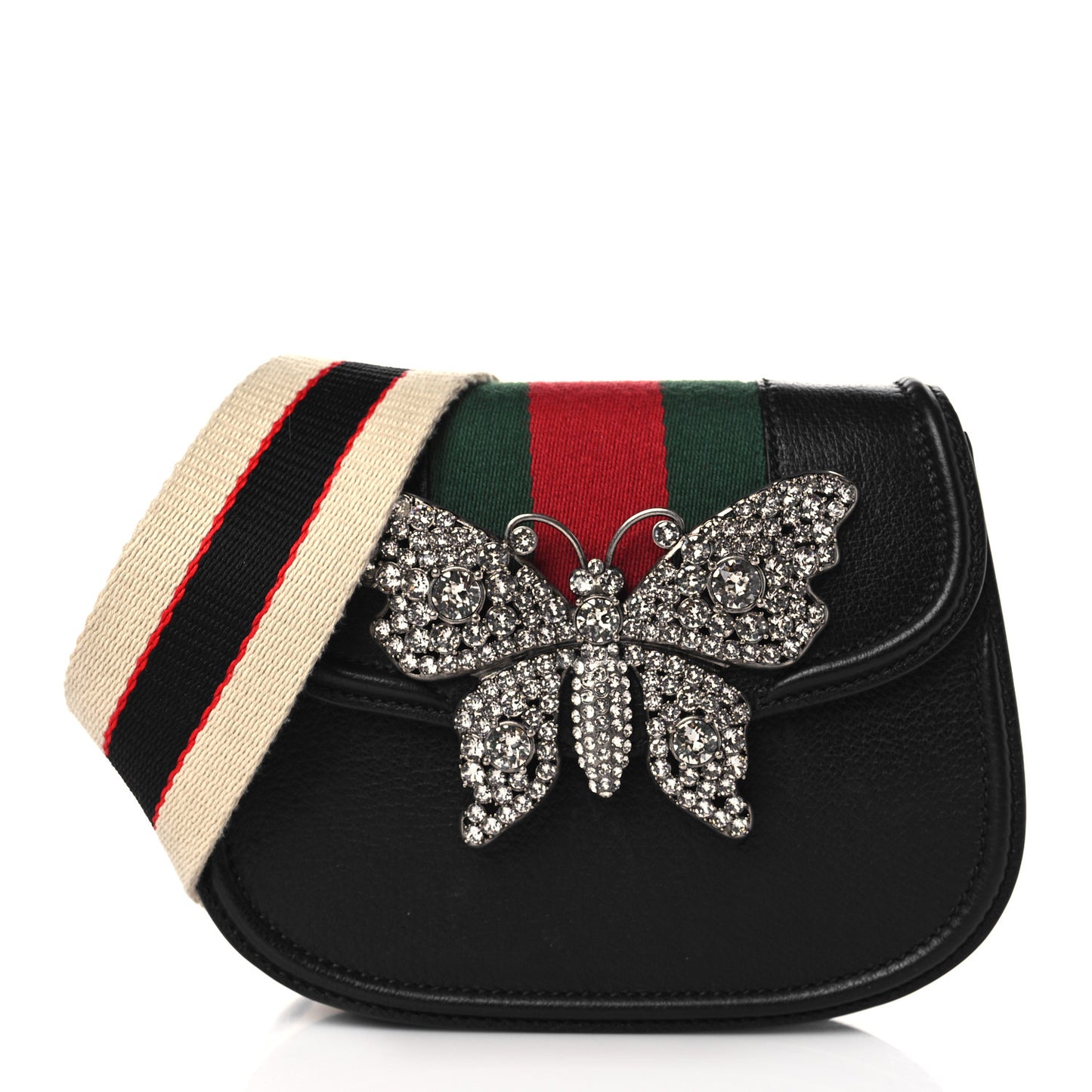 Calfskin Web Crystal Butterfly Stripe Small Totem Shoulder Bag Black