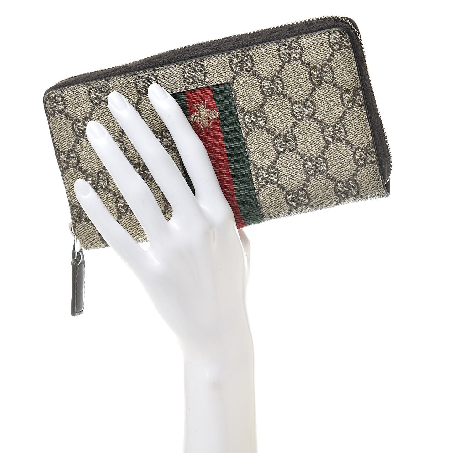 GG Supreme Monogram Web Bee Zip Around Wallet Beige Cocoa
