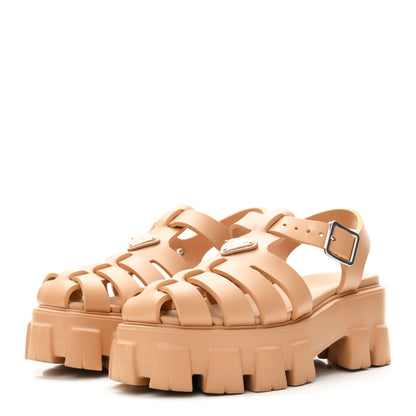 Prada Foam Rubber Metal Triangle Logo Monolith 55mm Cage Sandals 37 Barley 4 of 9
