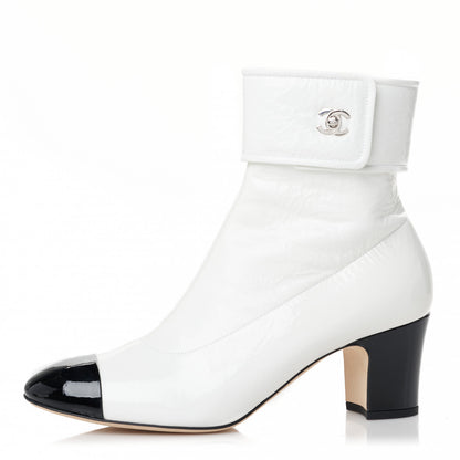 Chanel Crumpled Patent Lambskin Cap Toe CC Turnlock Ankle Boots 40 White Black 1 of 8