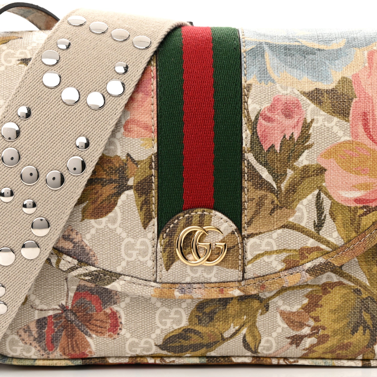 Gucci GG Supreme Monogram Water Flora Web Studded Mini Ophidia Flap Shoulder Bag Beige White Multicolor 8 of 12