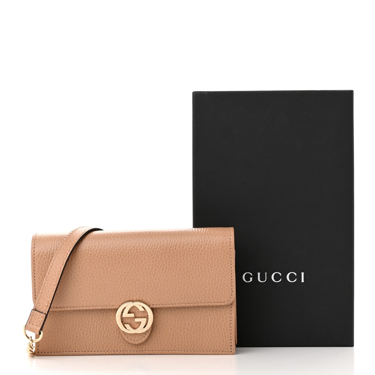 Dollar Calfskin Interlocking G Chain Wallet Camelia