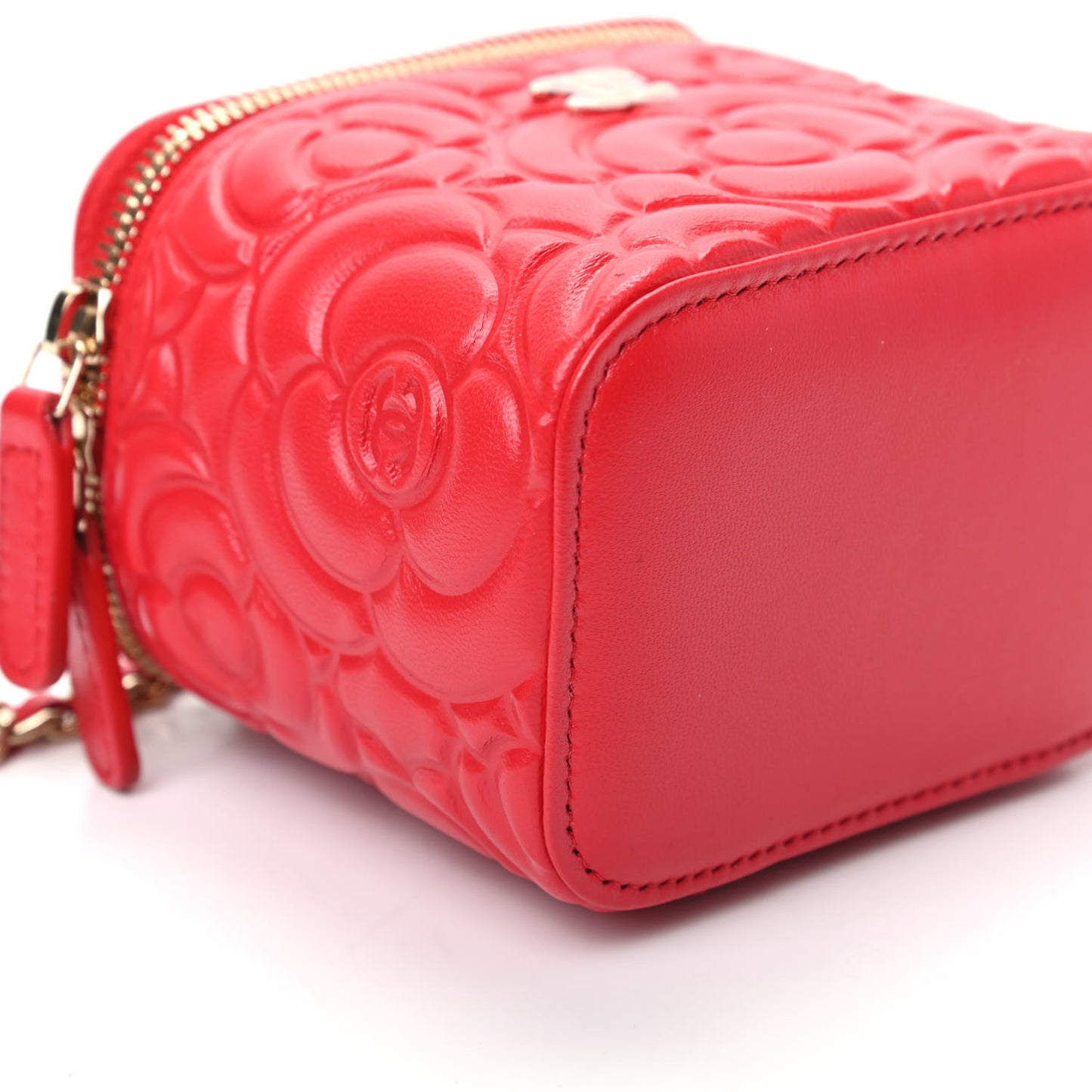 Lambskin Camellia Embossed Mini Vanity Case With Chain Red