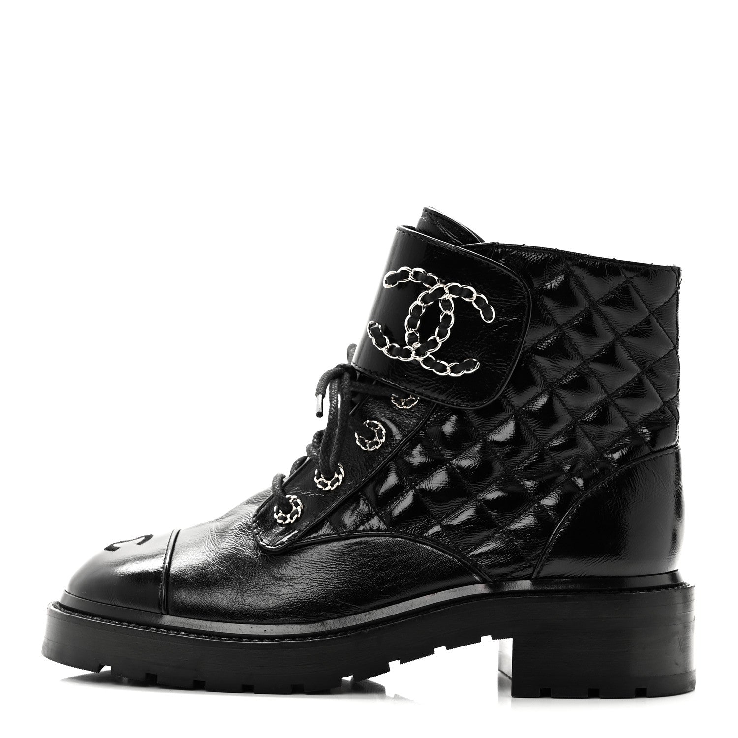 Chanel Shiny Lambskin Quilted Lace Up Combat Boots 38.5 Black 1 of 8