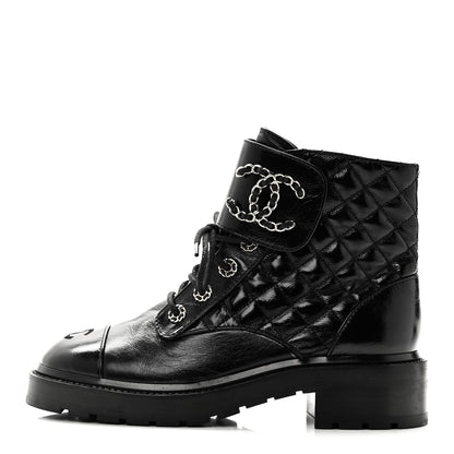 Chanel Shiny Lambskin Quilted Lace Up Combat Boots 38.5 Black 1 of 8