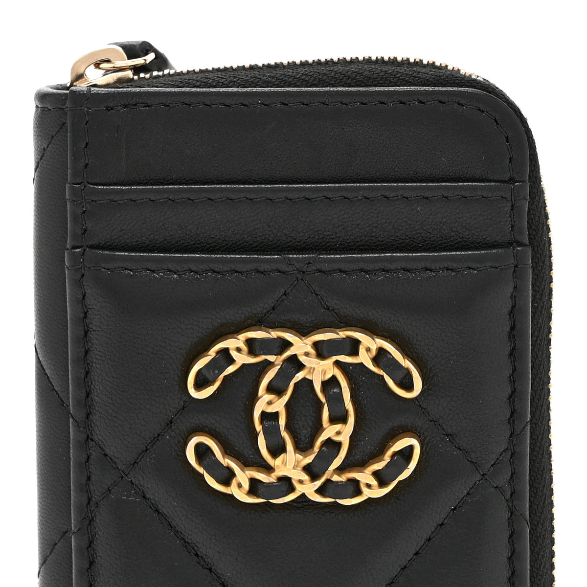 Lambskin Quilted Chanel 19 Vertical Zip Card Holder Wallet Black