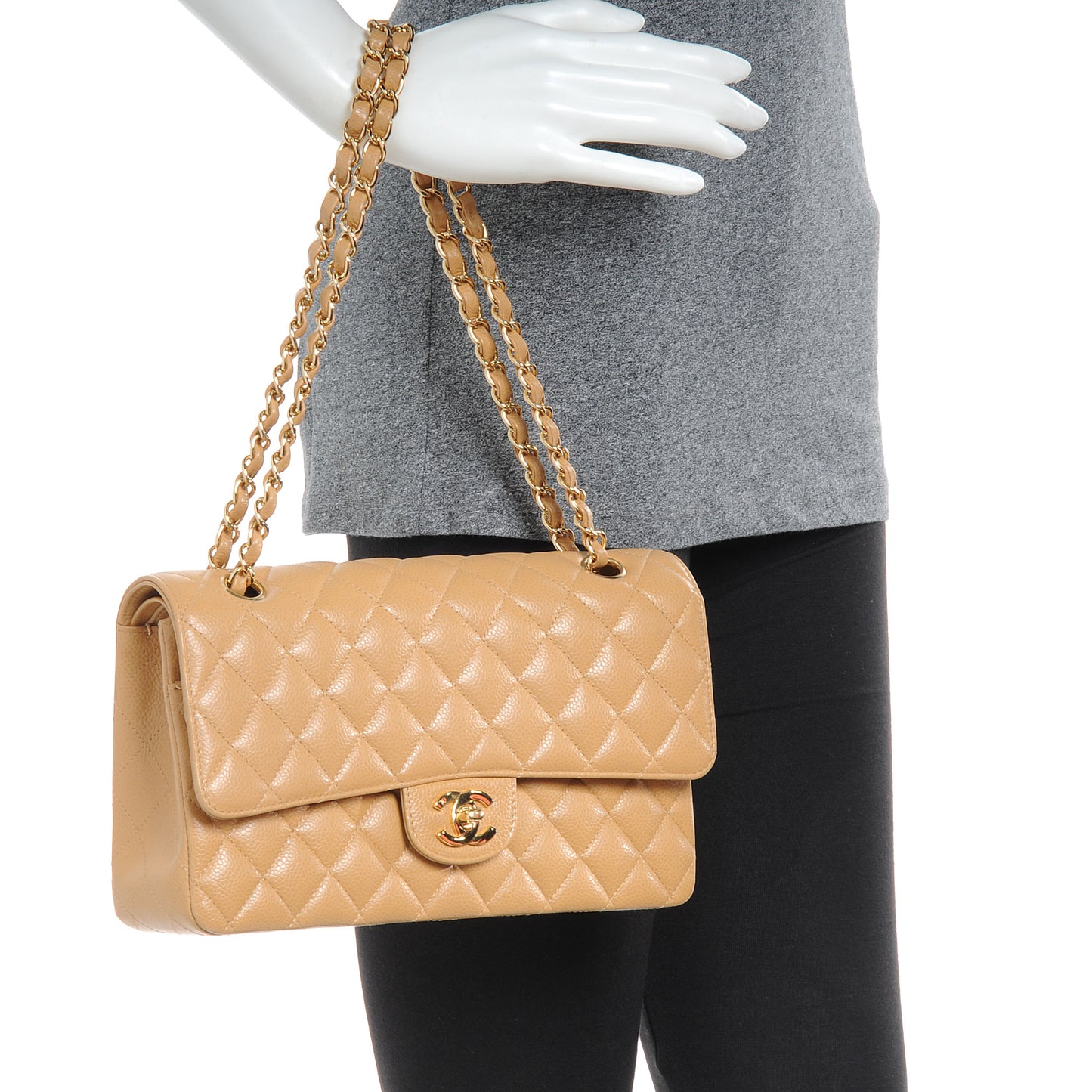 Caviar Quilted Medium Double Flap Beige