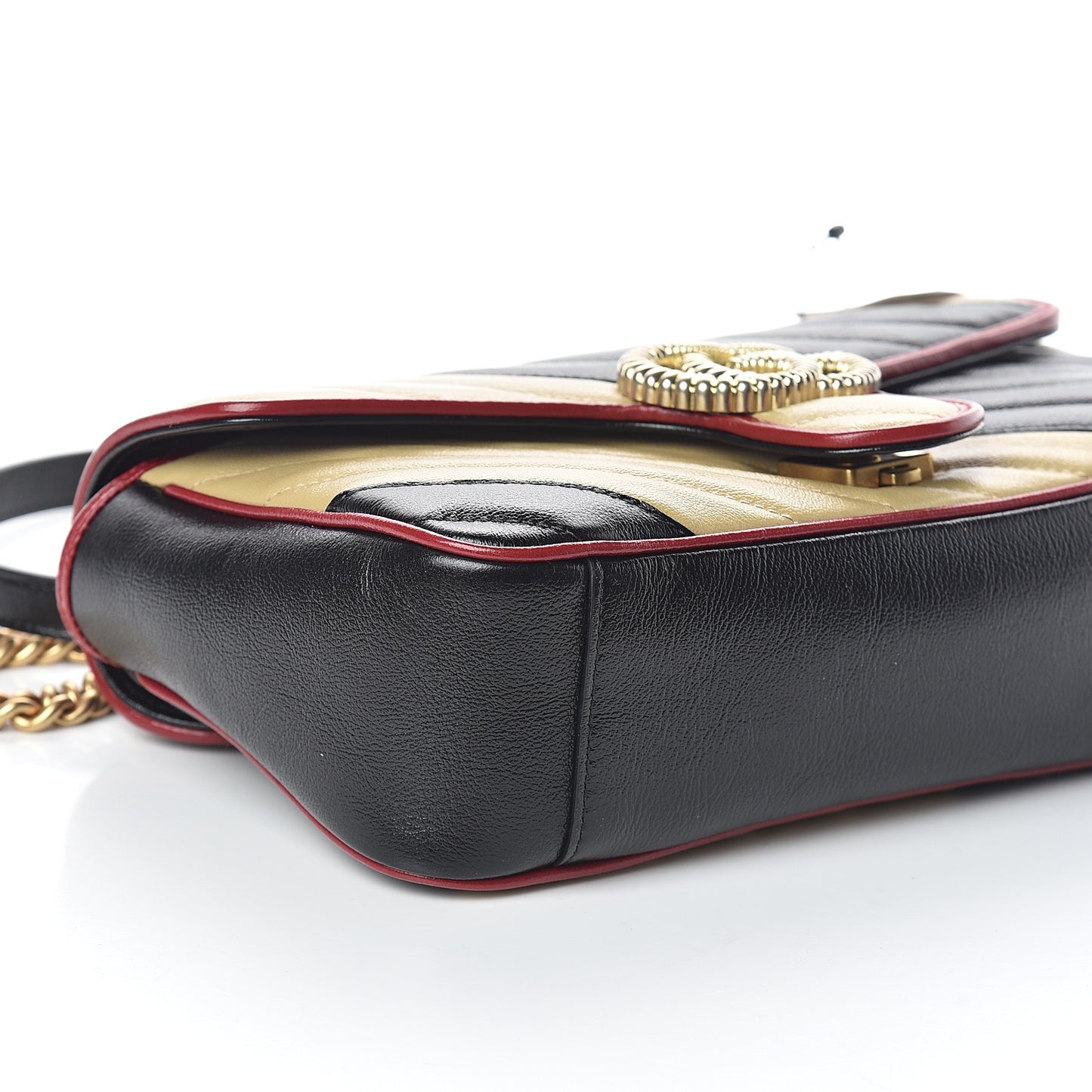 Vintage Effect Calfskin Matelasse Diagonal Striped Small Torchon GG Marmont Shoulder Bag Black Beige