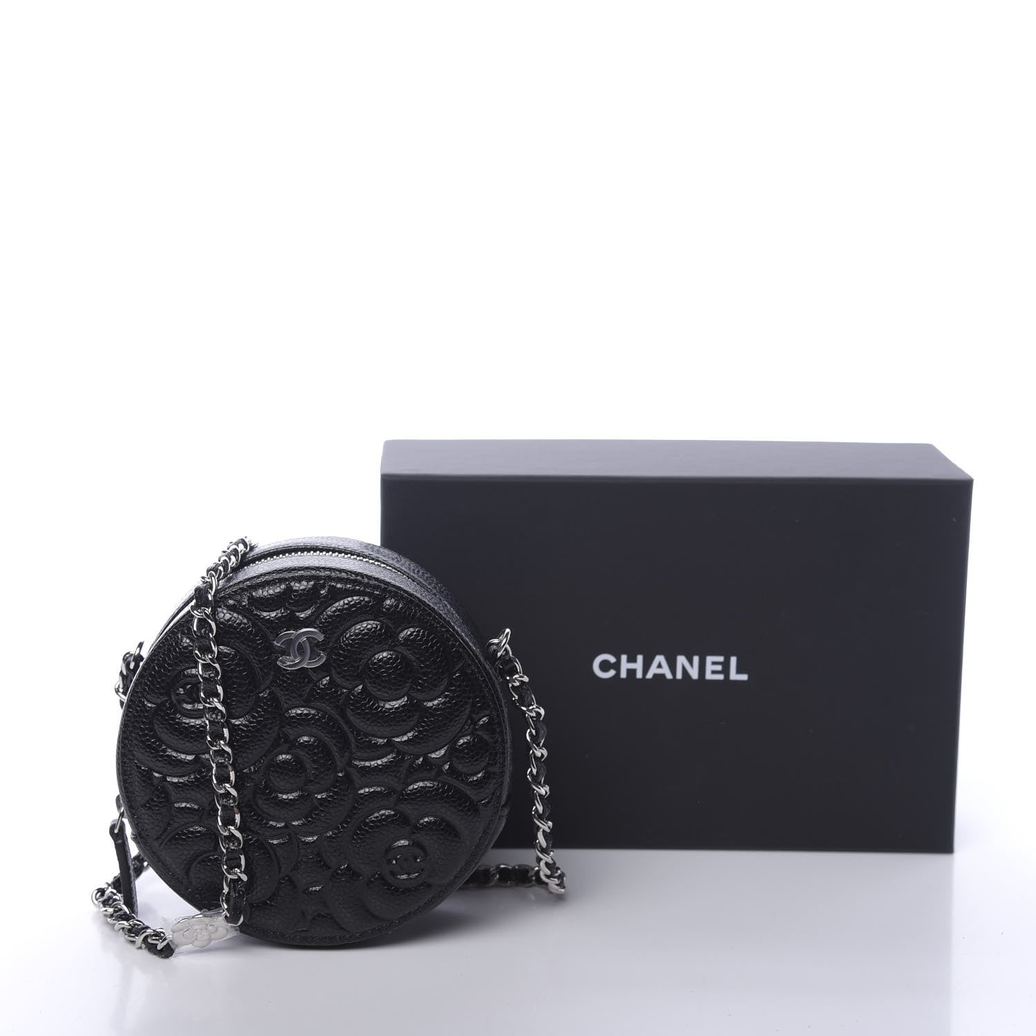 Chanel Caviar Camellia Embossed Round Clutch With Chain Black 11 of 11