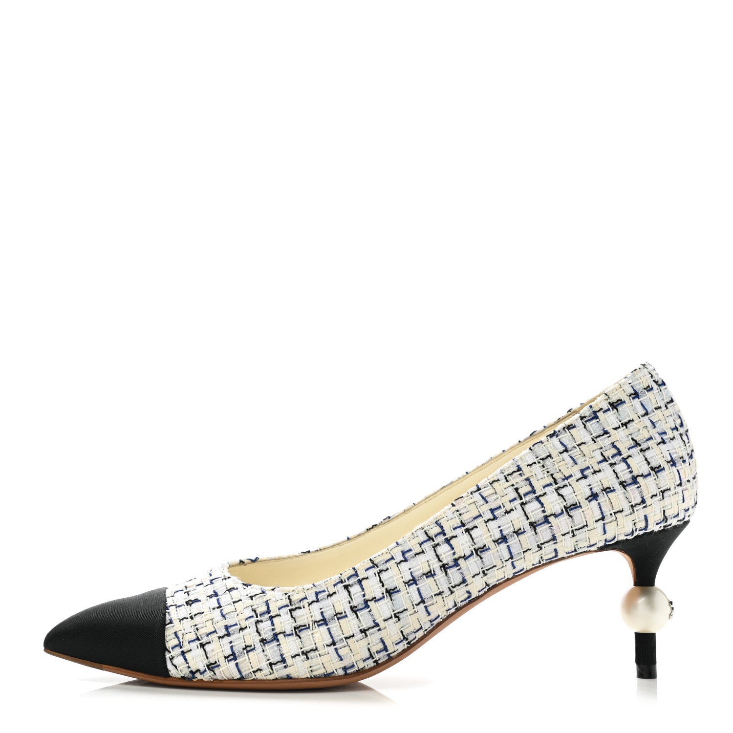 Chanel Tweed Pearl Cap Toe Pumps 38 White Black Blue 1 of 9