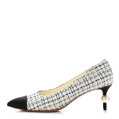 Chanel Tweed Pearl Cap Toe Pumps 38 White Black Blue 1 of 9