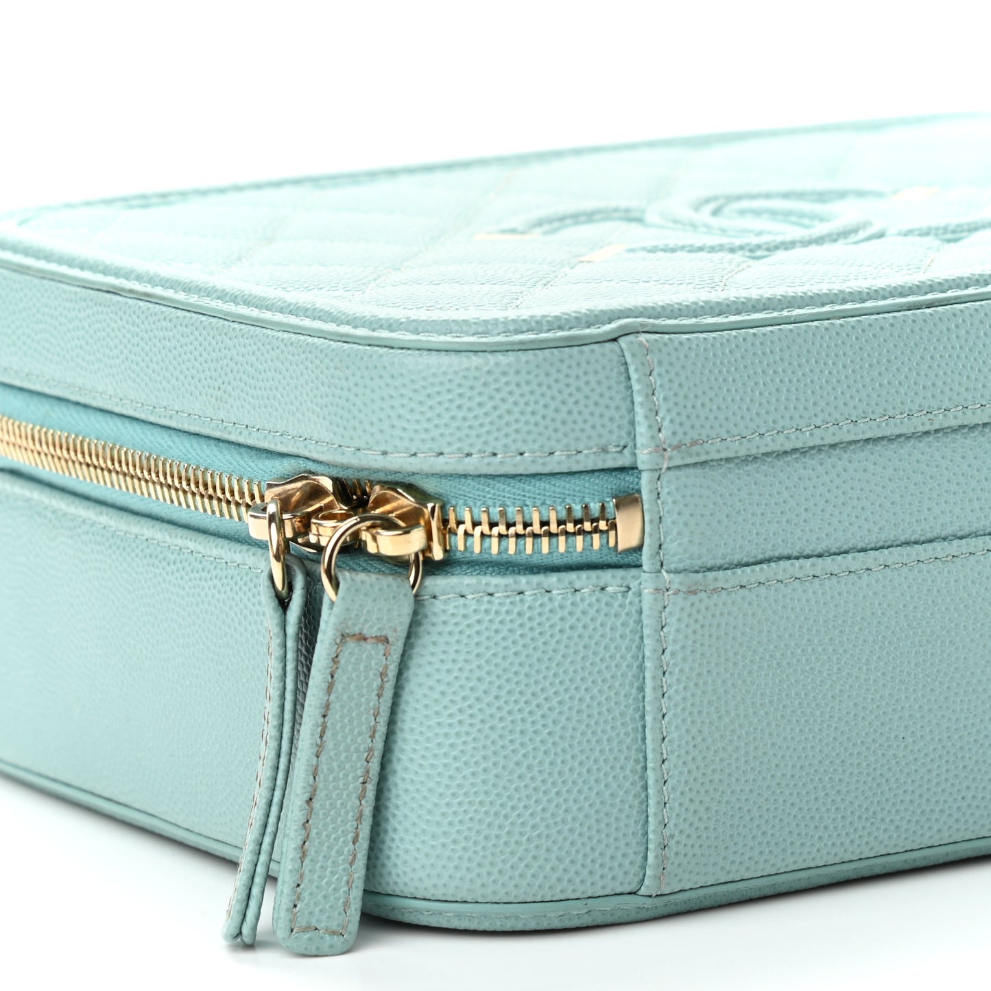 Caviar Quilted Medium CC Filigree Vanity Case Light Blue