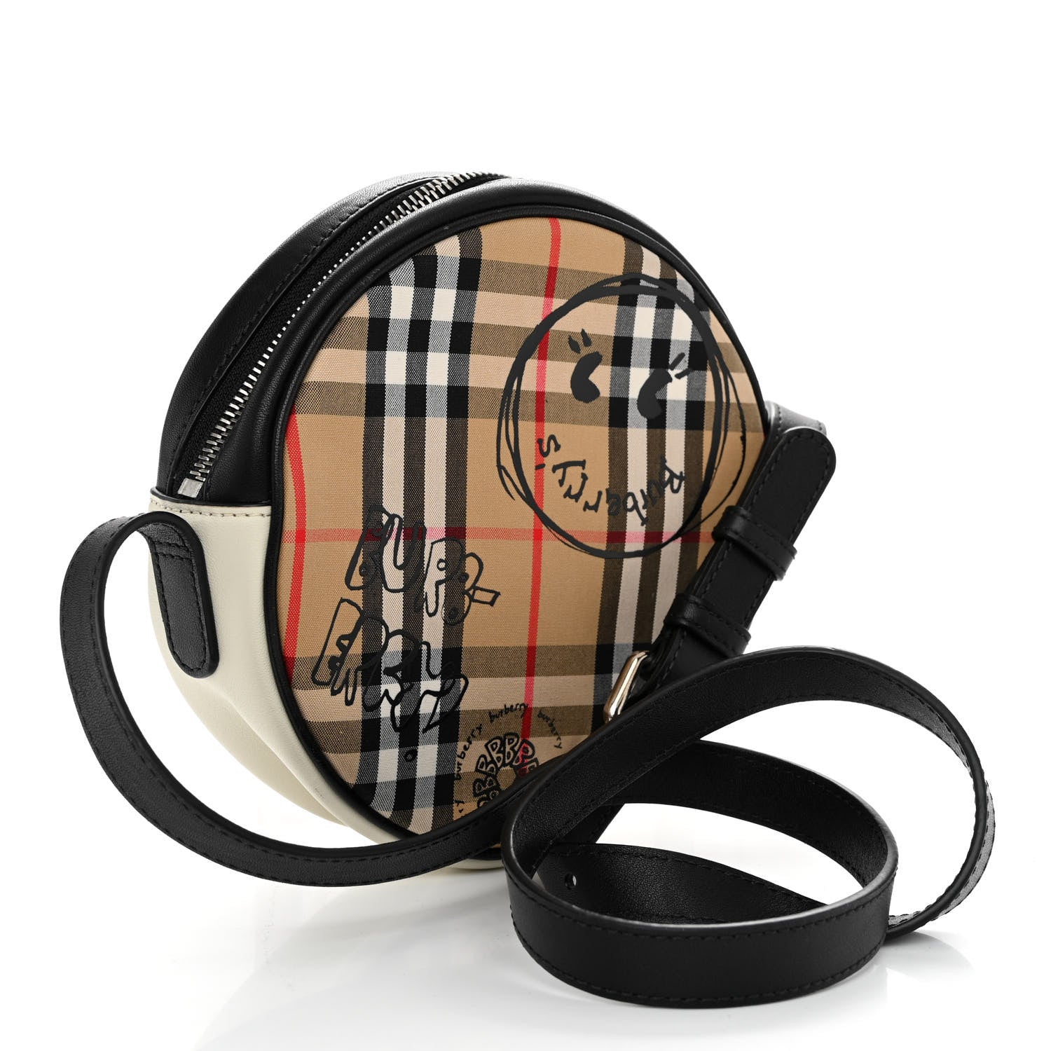 Burberry Vintage Check Calfskin Cartoon Print Round Bag Black White 3 of 10