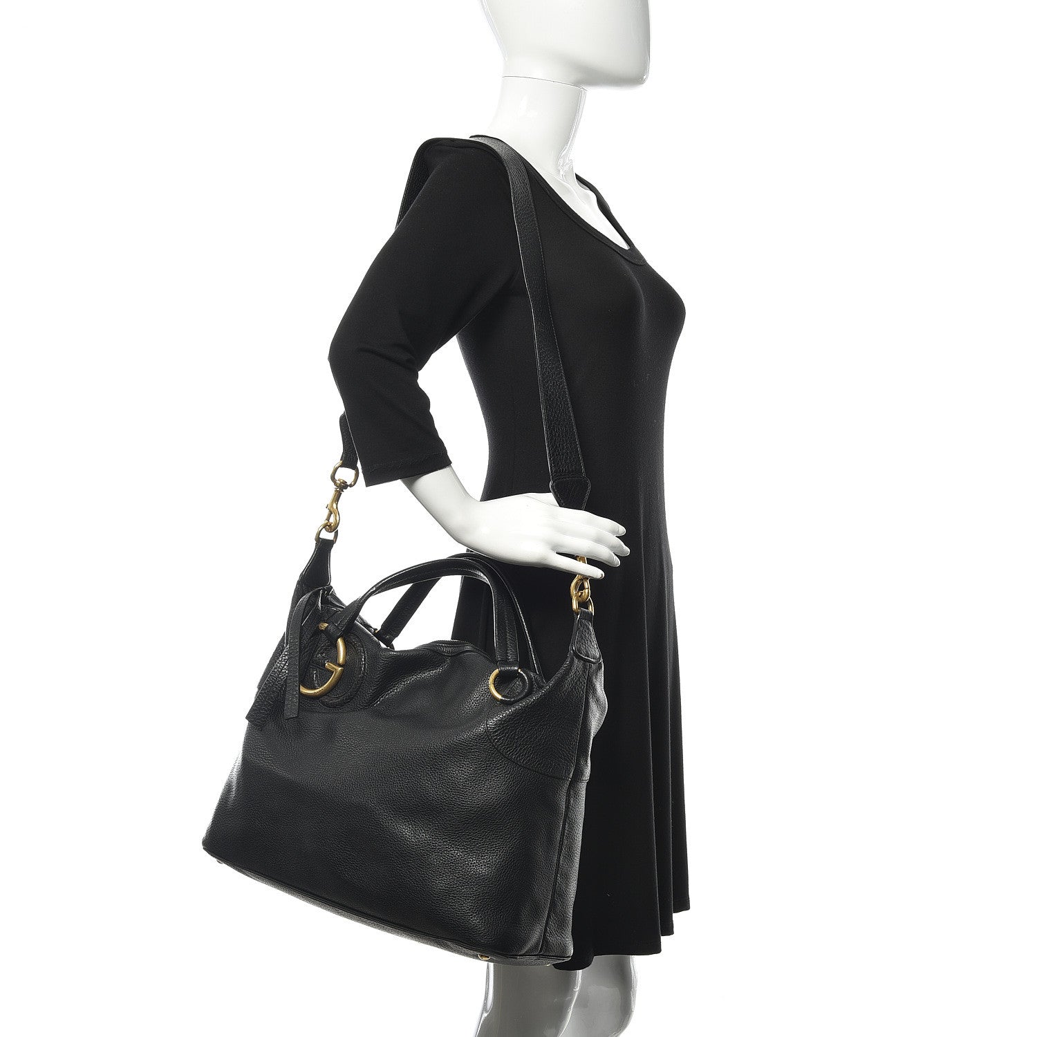 Gucci Pebbled Calfskin Twill Medium Top Handle Satchel Black 2 of 13
