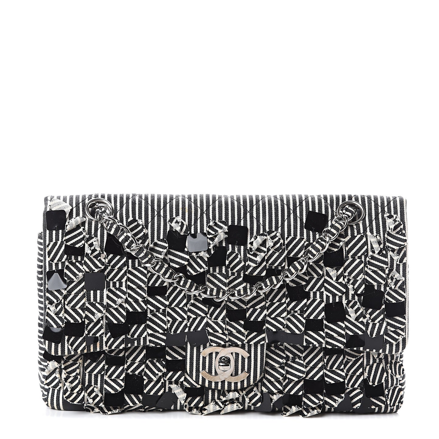 Canvas Sequin Stripe Medium Double Flap Black White