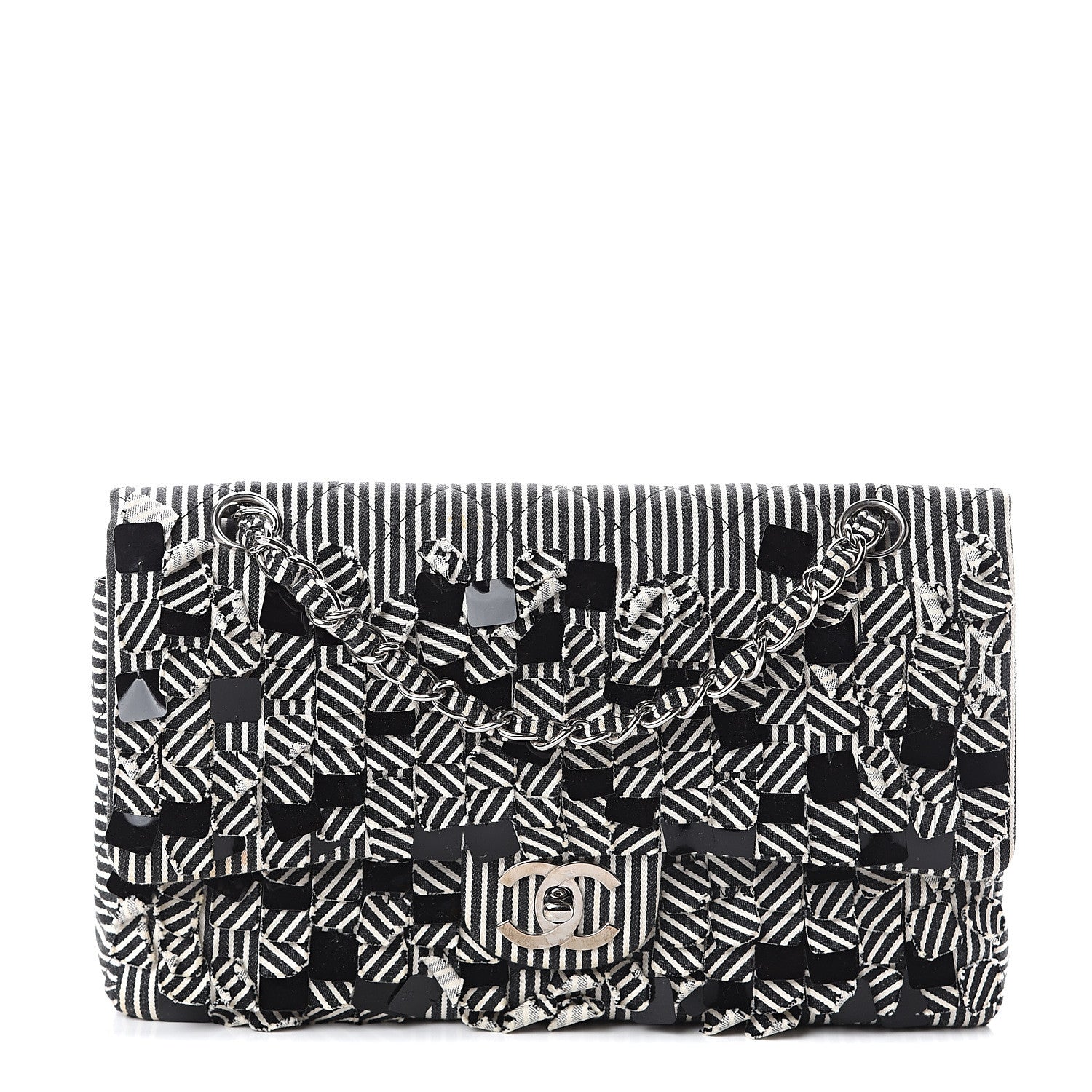 Chanel Canvas Sequin Stripe Medium Double Flap Black White 1 of 8
