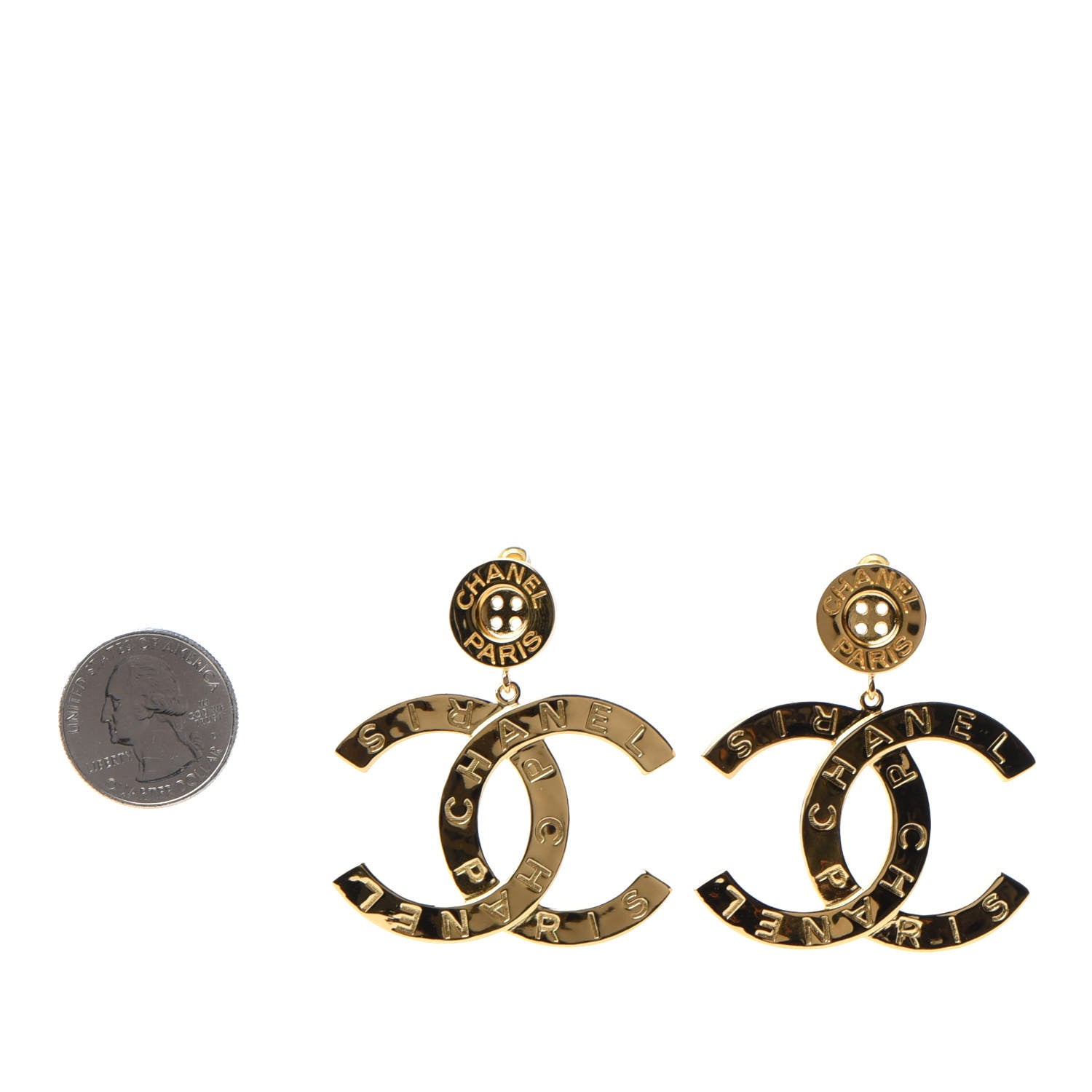 Chanel Metal Large Paris Button Earrings Gold 2 of 4