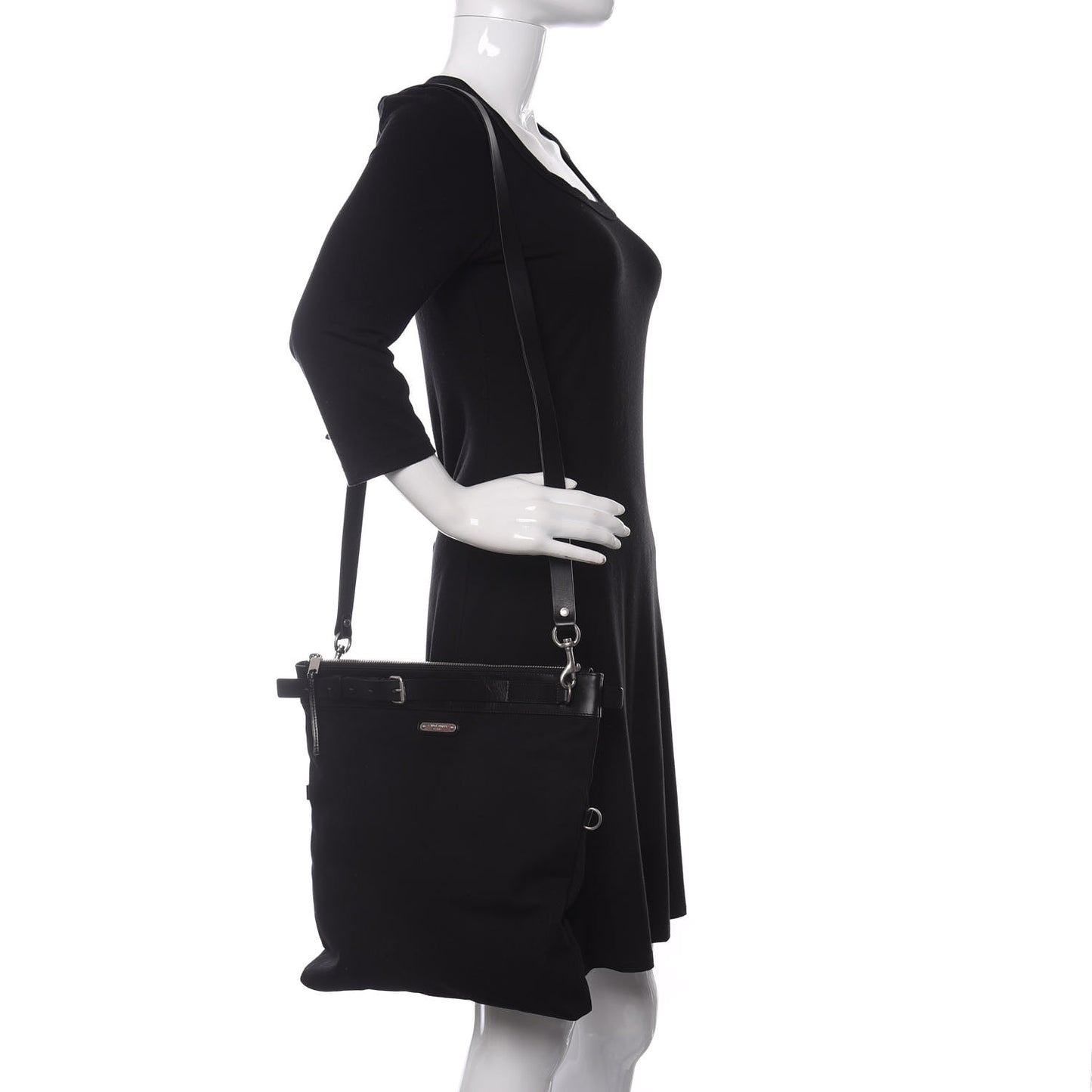 Canvas Calfskin Belted Flat Messenger Bag Black
