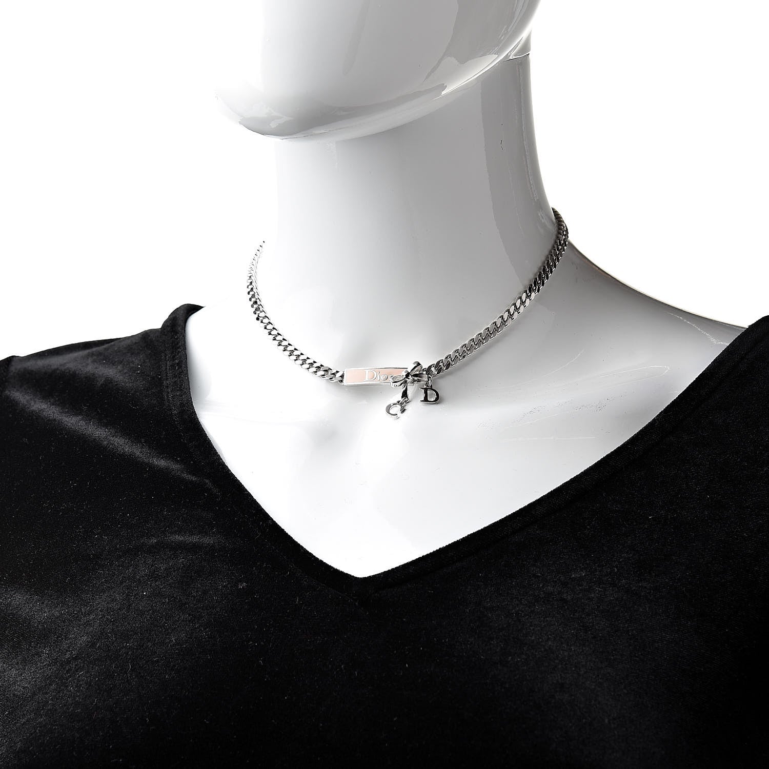 Christian Dior Enamel Bow Short Necklace Silver Pink 2 of 4