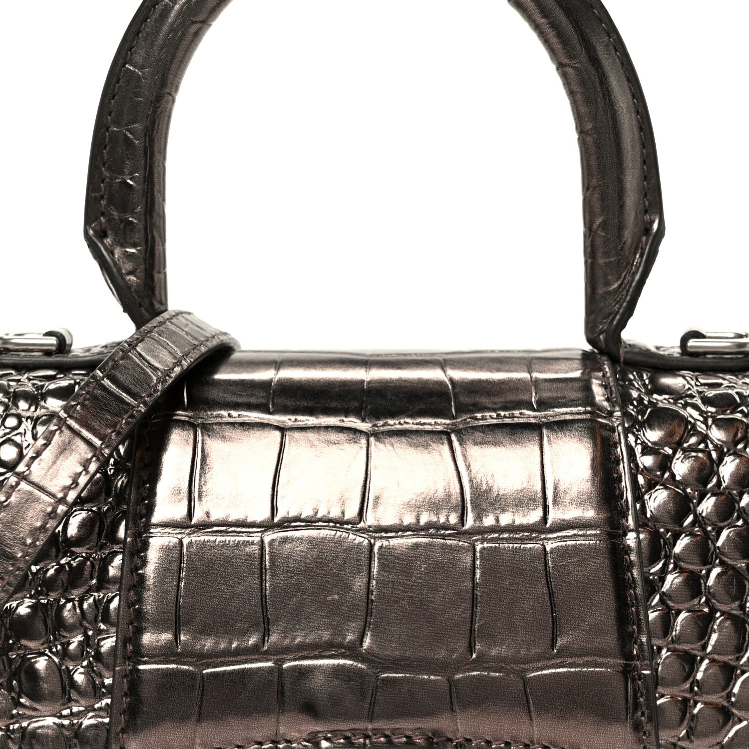 Balenciaga Metallic Shiny Calfskin Crocodile Embossed Hourglass Top Handle Bag XS Dark Bronze 9 of 11