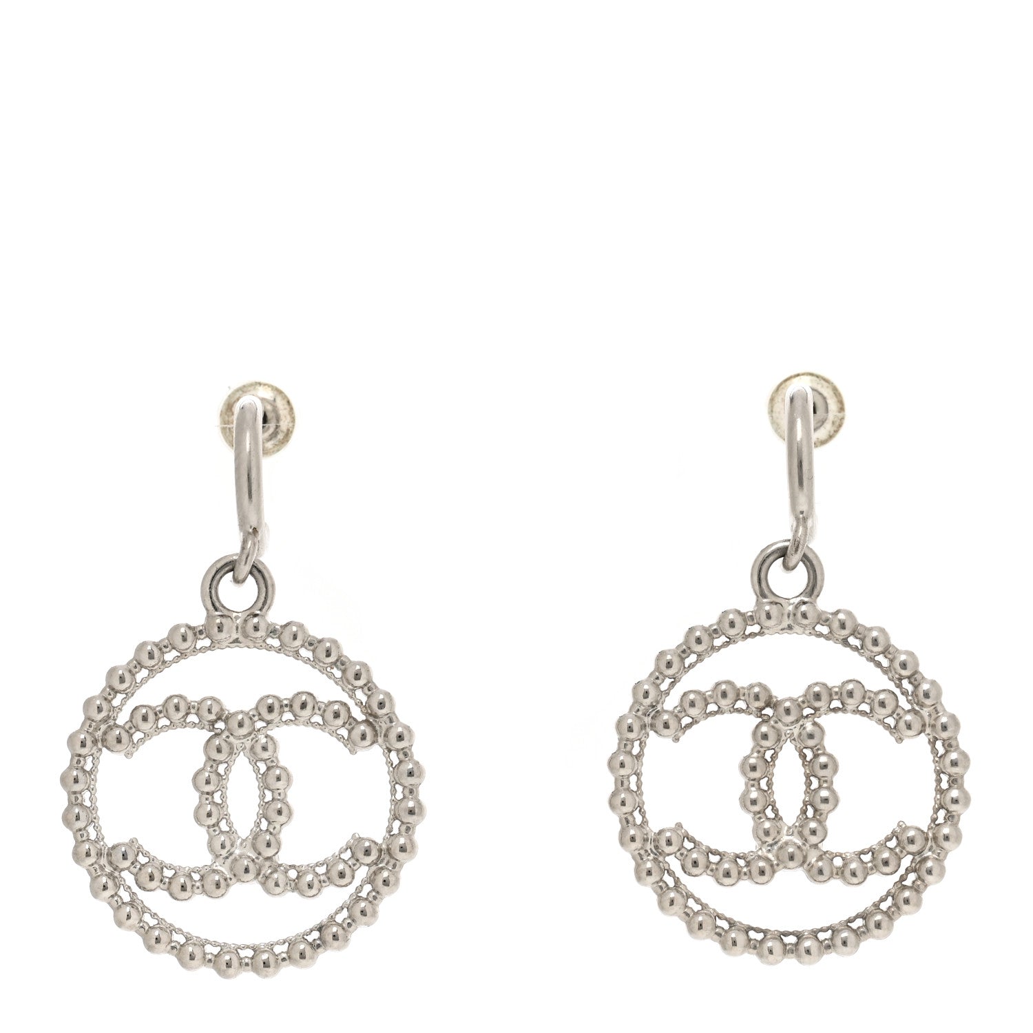 Chanel Metal Bead Round CC Drop Earrings Silver 1 of 5