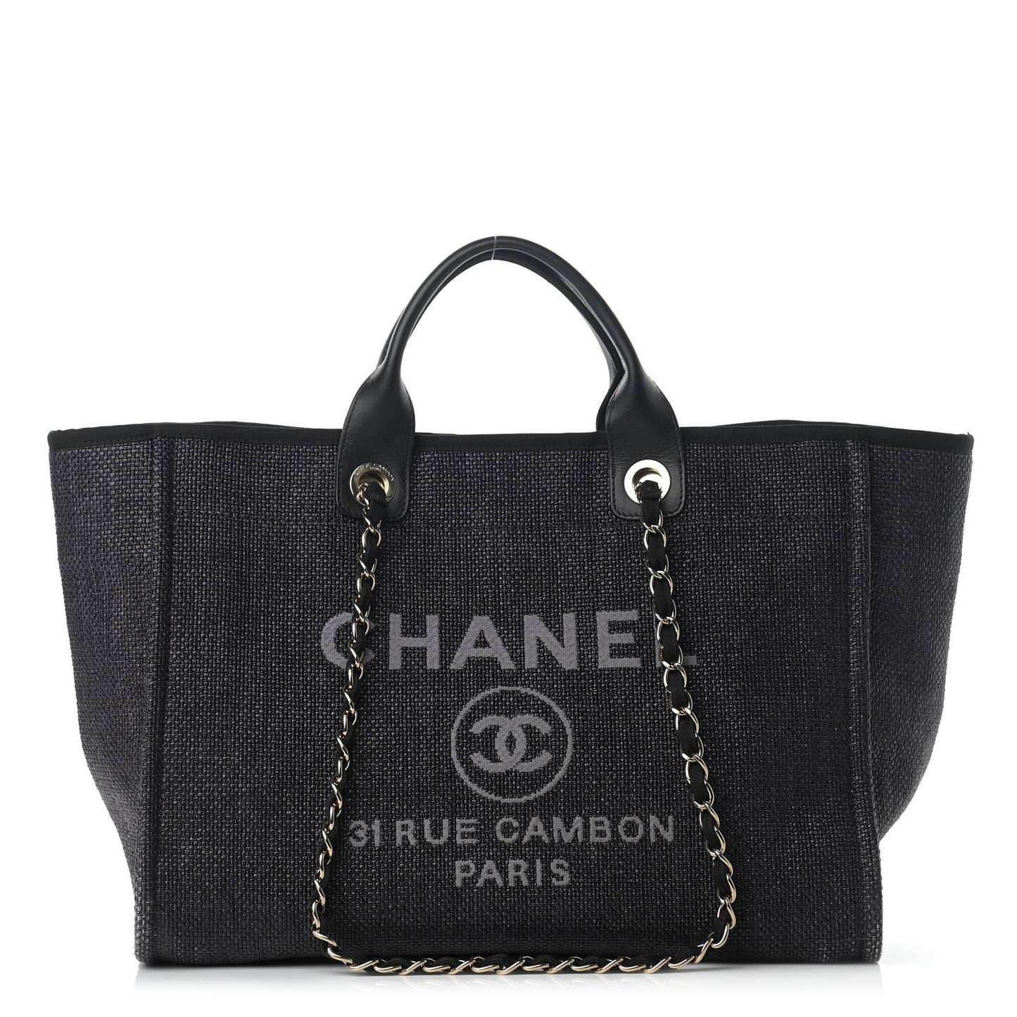 Woven Straw Raffia Medium Deauville Tote Black