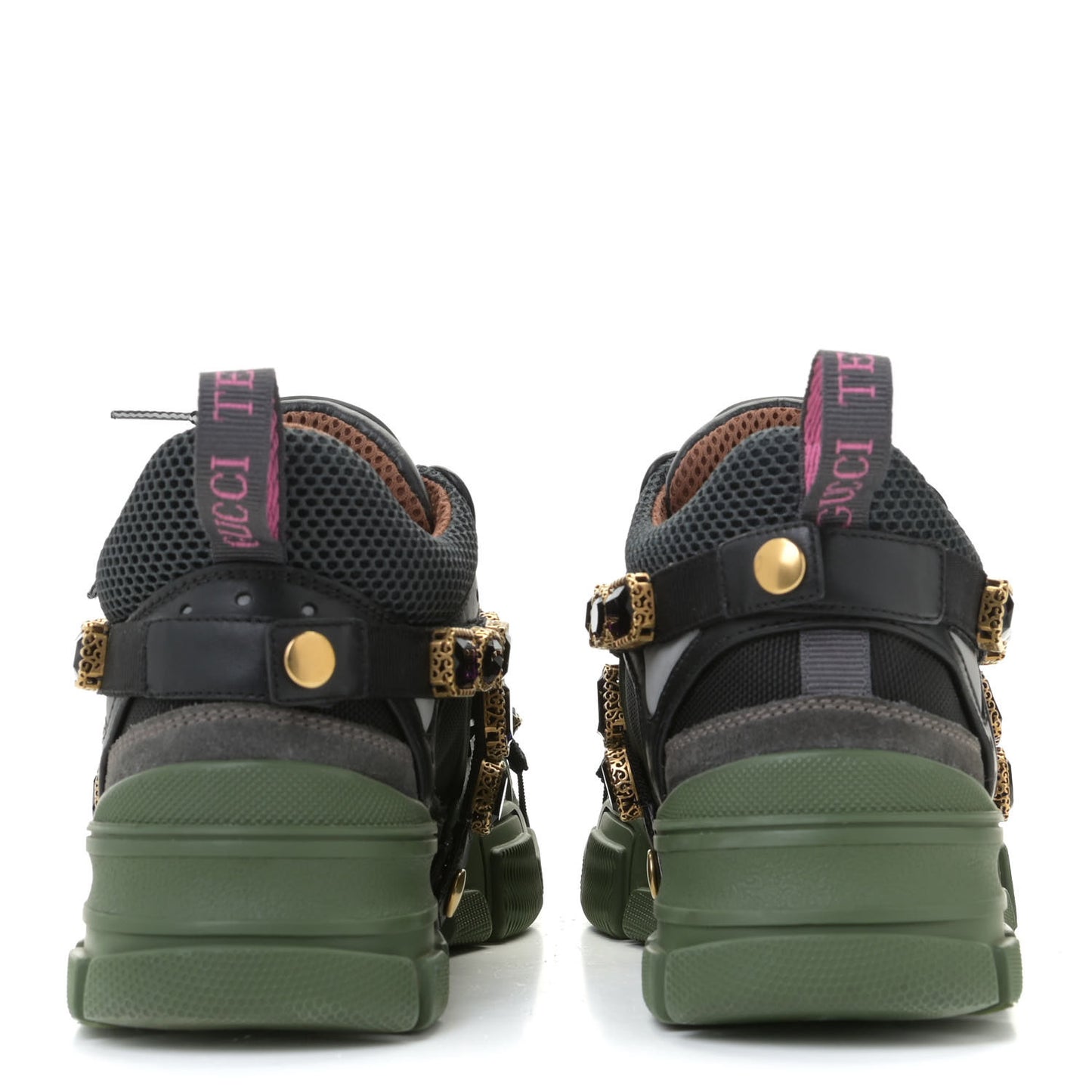 X SEGA Mesh Suede Calfskin Removable Crystals Flashtrek Sneakers 36 Loess Black Olive Green