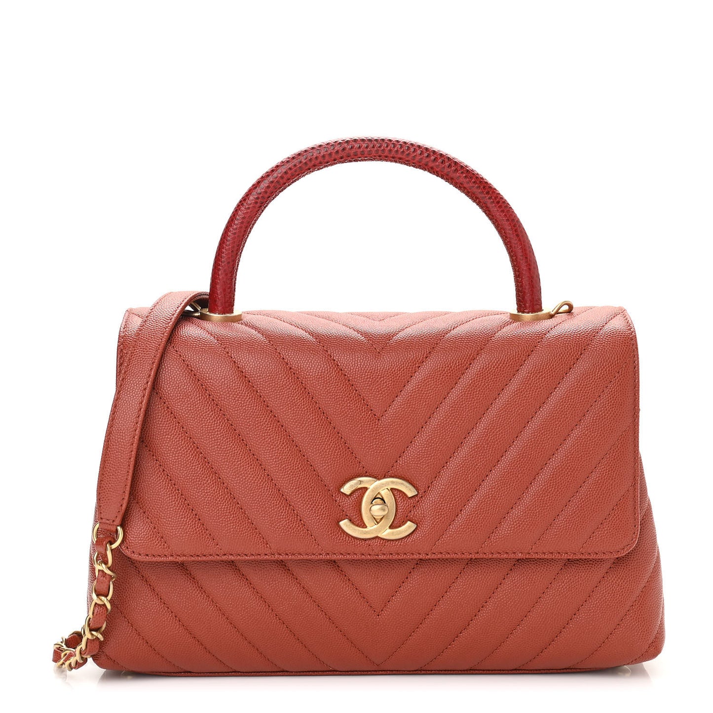 Caviar Lizard Chevron Quilted Small Coco Handle Flap Dark Orange