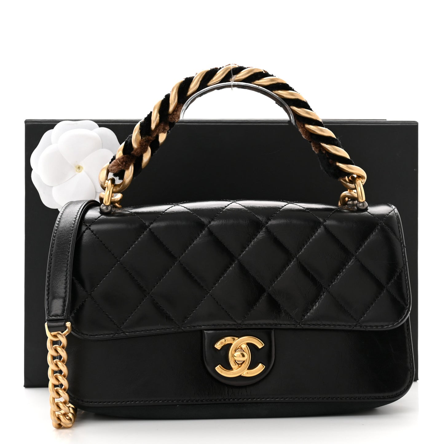 Glazed Calfskin Quilted Small Straight Lined Flap Black