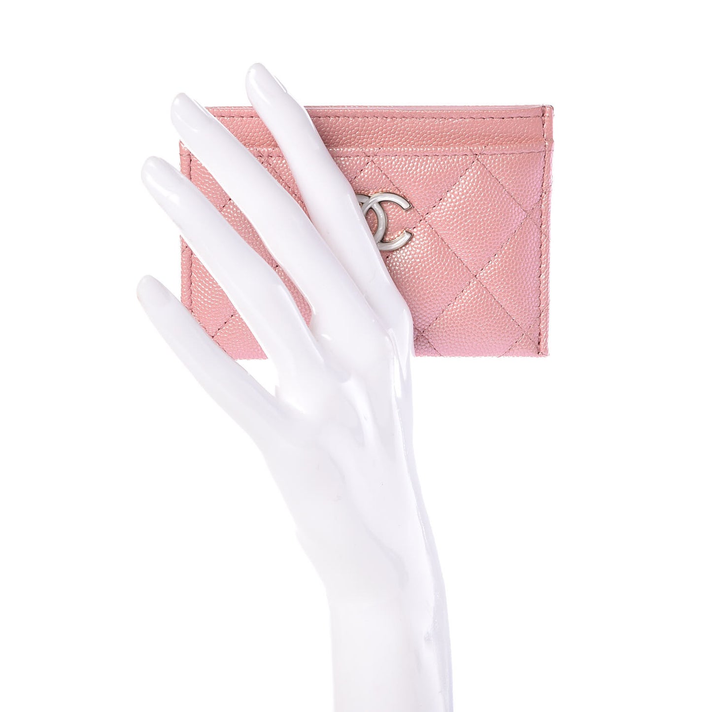 Iridescent Caviar Quilted Card Holder Pink