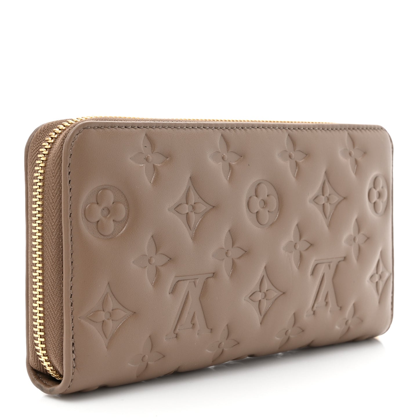 Lambskin Embossed Monogram Coussin Zippy Wallet Taupe