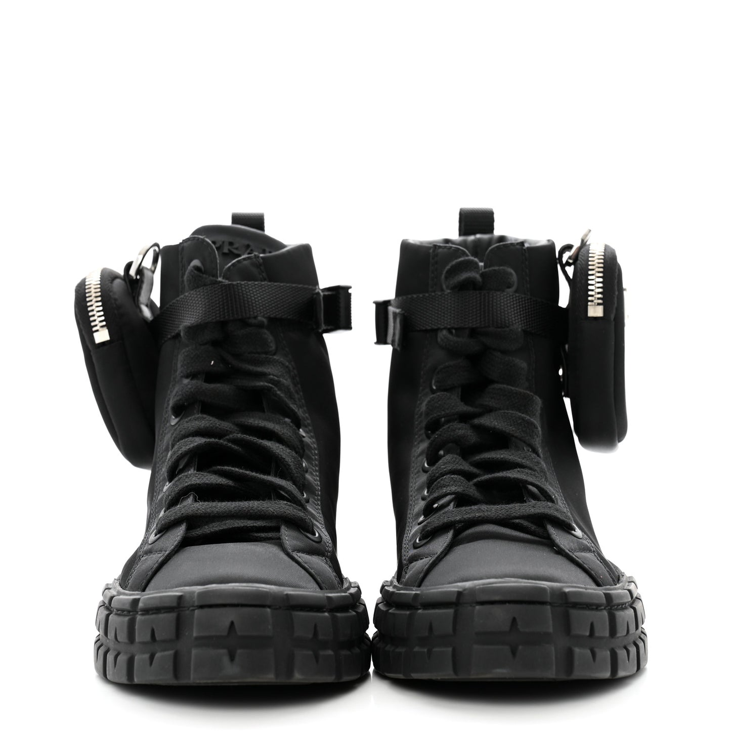 Re-Nylon Gabardine Metal Triangle Logo Wheel Pouch Pocket High Top Sneakers 38.5 Black
