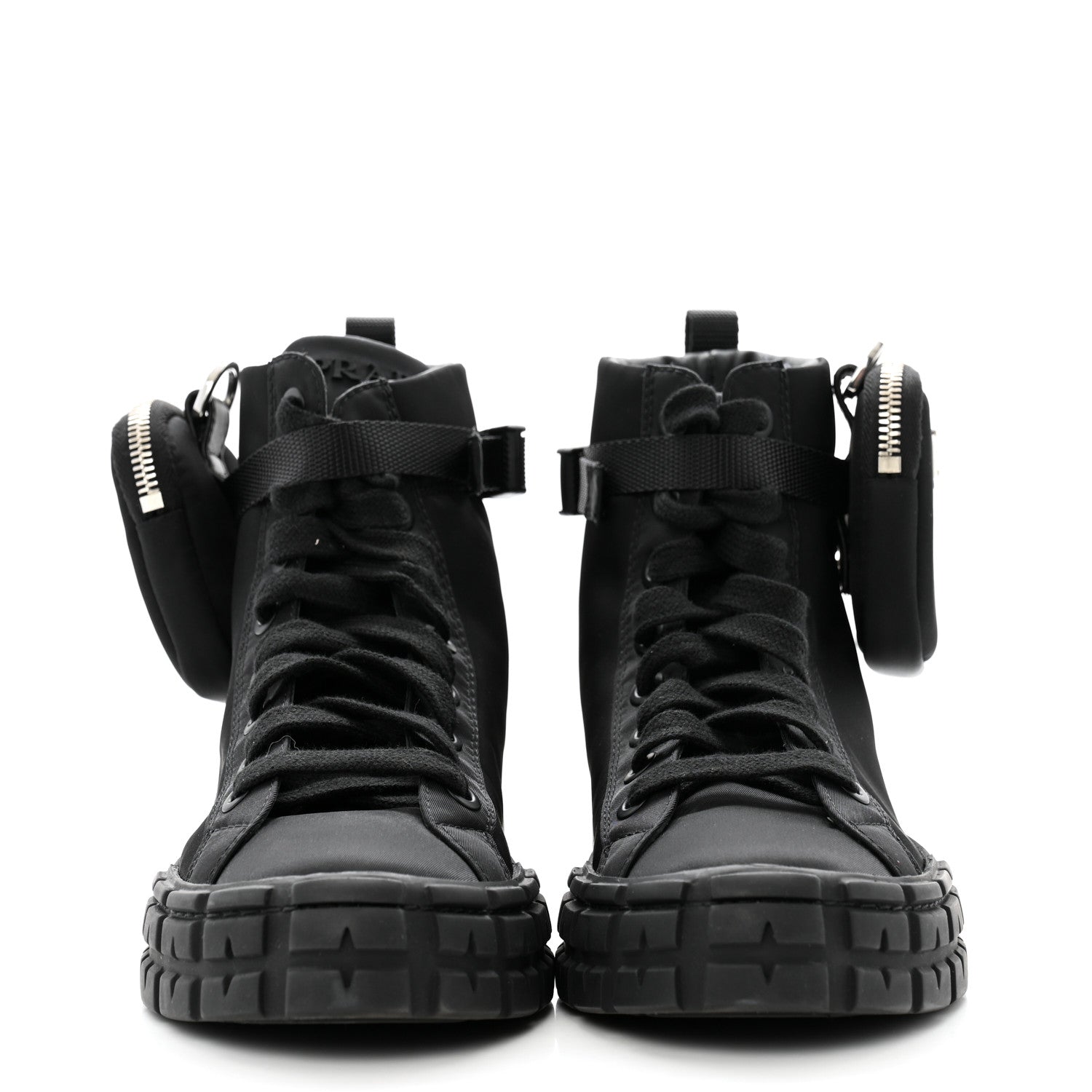 Prada Re-Nylon Gabardine Metal Triangle Logo Wheel Pouch Pocket High Top Sneakers 38.5 Black 3 of 10