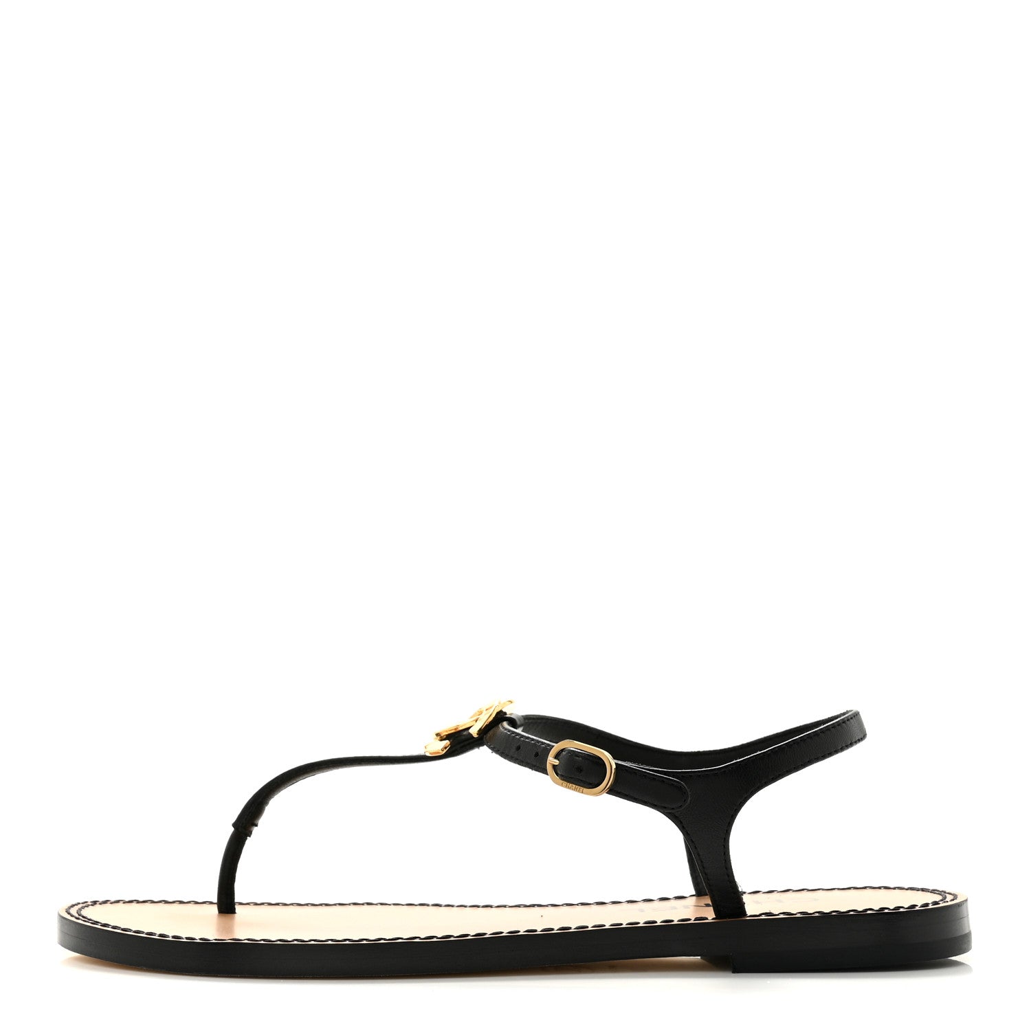 Chanel Lambskin CC Thong Sandals 38.5 Black Gold 1 of 11