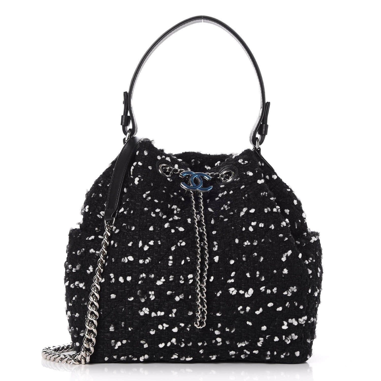 Chanel Calfskin Tweed Medium CC Chain Bucket Drawstring Bag White Black 1 of 8