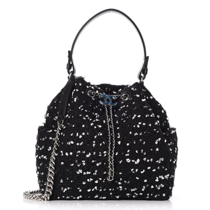 Chanel Calfskin Tweed Medium CC Chain Bucket Drawstring Bag White Black 1 of 8