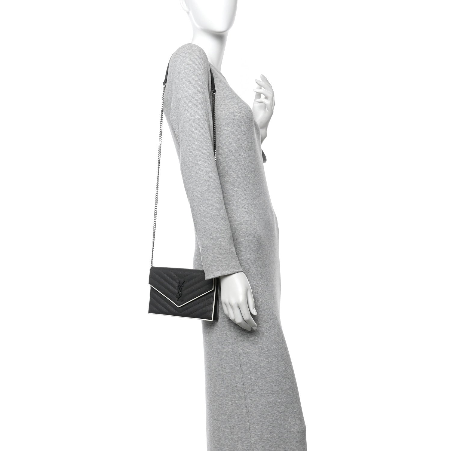 Saint Laurent Grain De Poudre Matelasse Chevron Monogram Envelope Chain Wallet Asphalt White 2 of 14