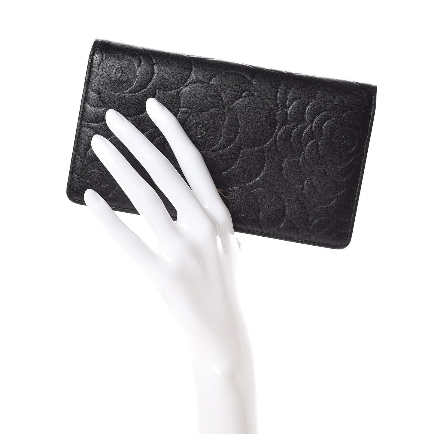 Lambskin Camellia Embossed Yen Wallet Black