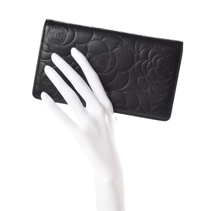 Chanel Lambskin Camellia Embossed Yen Wallet Black 2 of 13